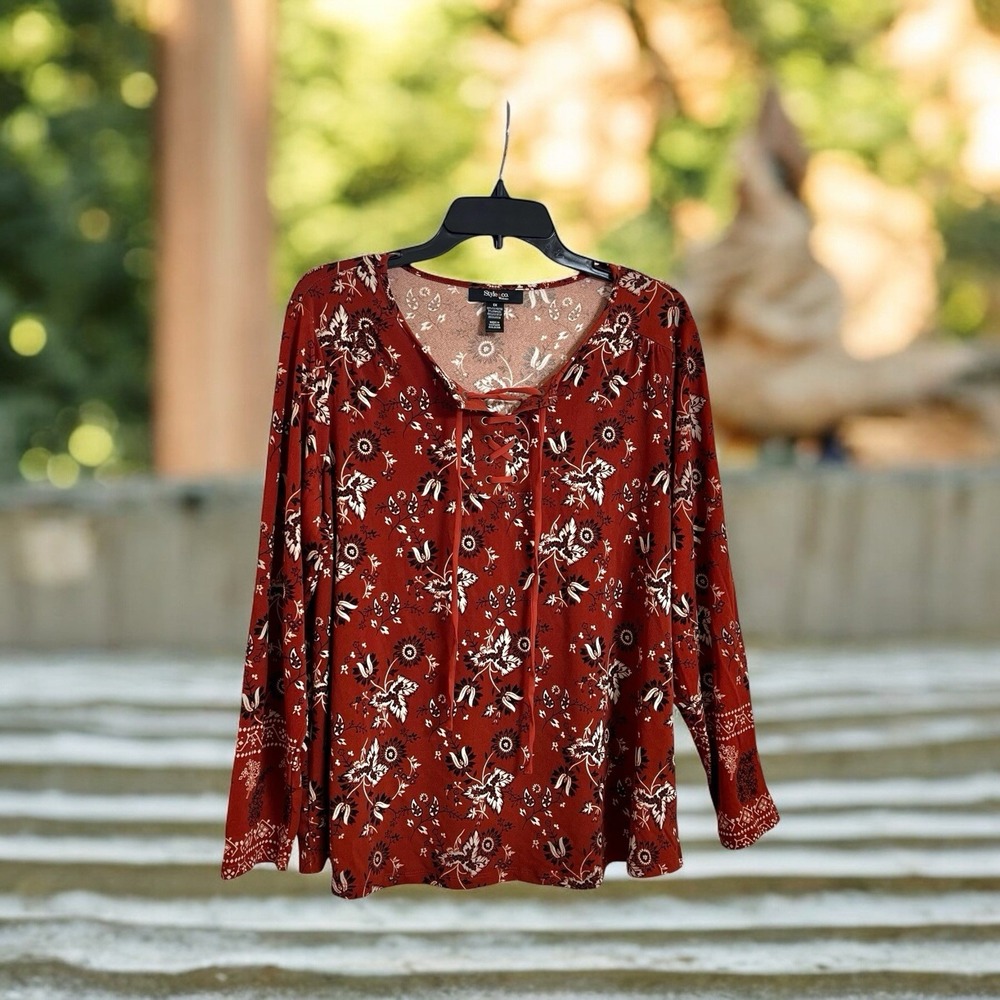 Style & Co Women's Lace Up Tie Front Long Sleeve Floral Blouse Plus 1X NWT